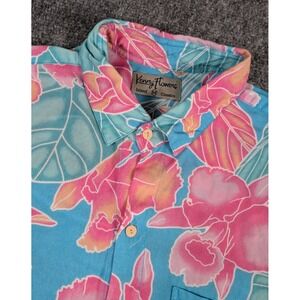 Kenny Flowers Hawaiian Shirt Mens Medium Rayon Hibiscus Wood Buttons